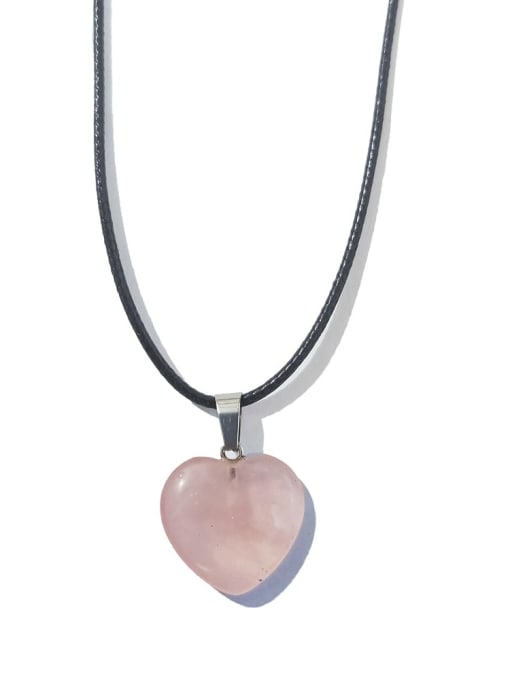 Pink crystal [with leather rope] Artificial leather chain Natural Stone Heart Ethnic Necklace